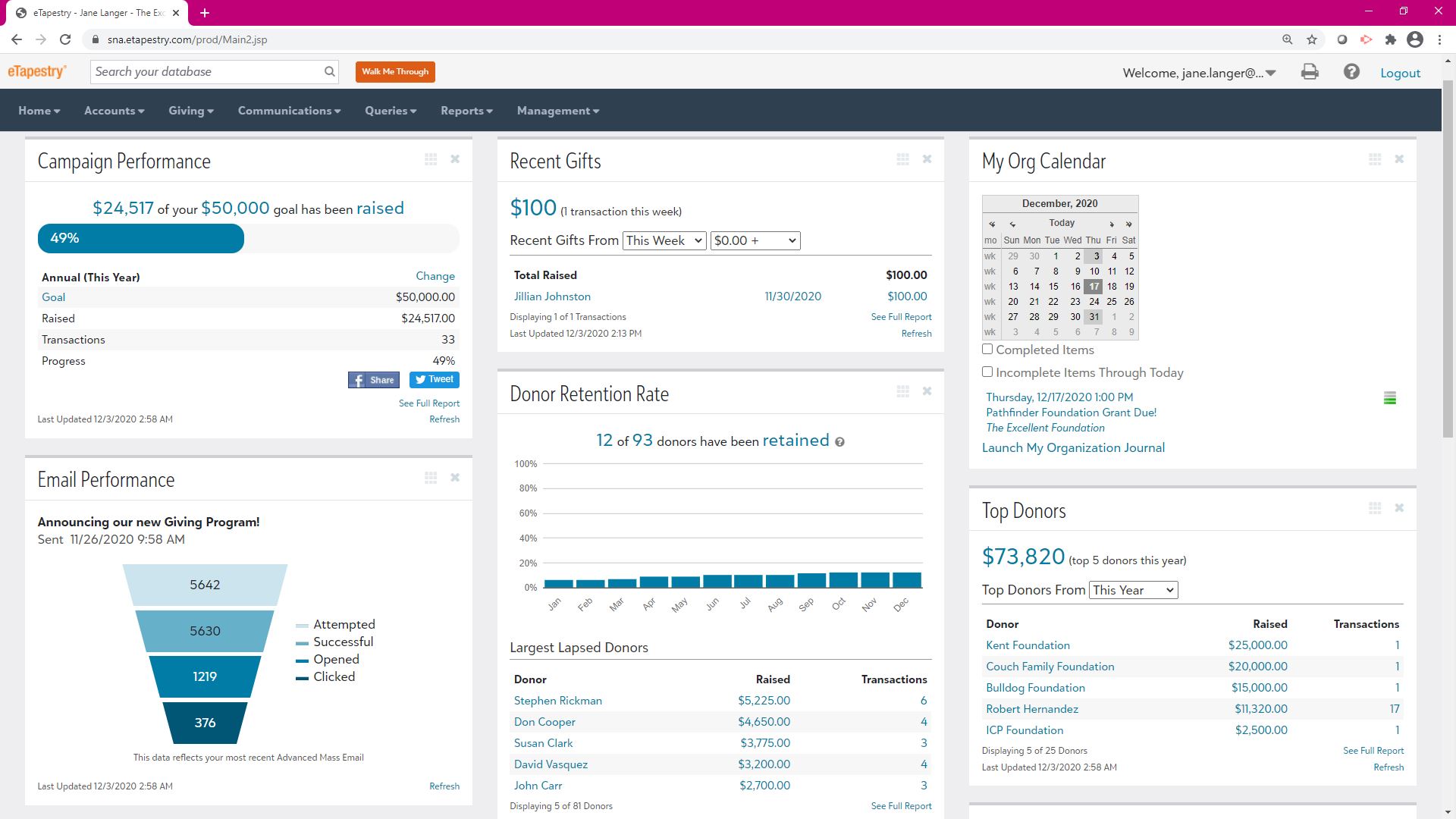screenshot of Blackbaud eTapestry